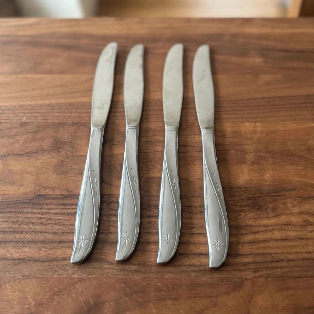 Oneida Twin Star 4 Dinner Knives Stainless Atomic Starburst MCM 1959